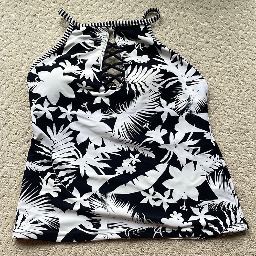 Blue Rod Beattie Black and White tropical tankini swim top
